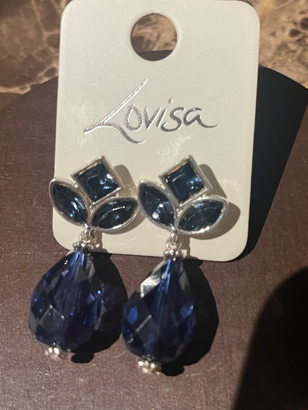 Gold-Trim Navy Crystal Teardrop Dangle Earrings